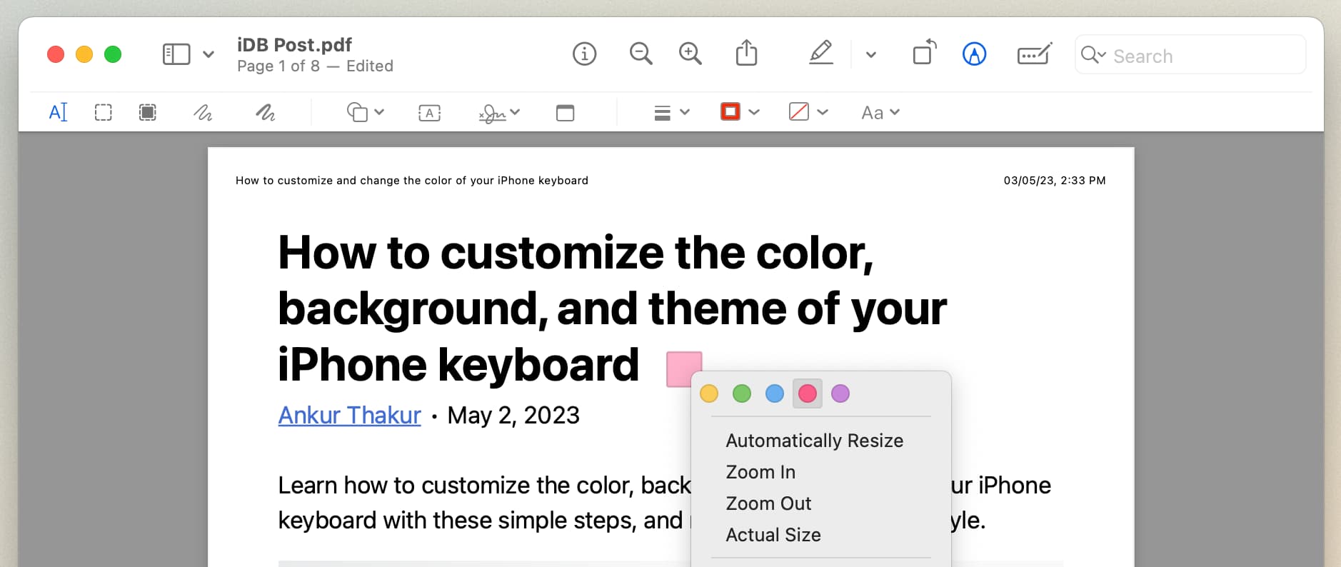 Change color of PDF note in Preview on Mac