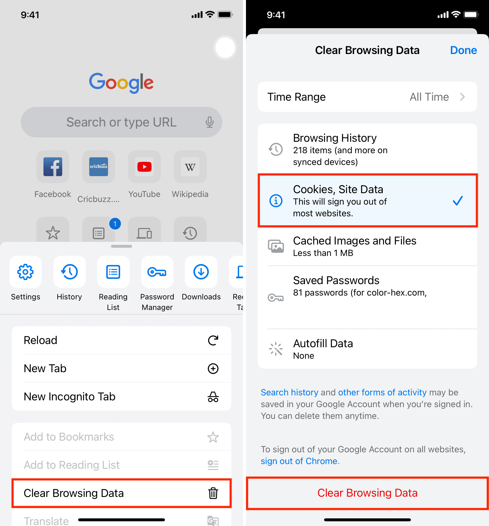 Clear Browsing Data and cookies in Chrome on iPhone