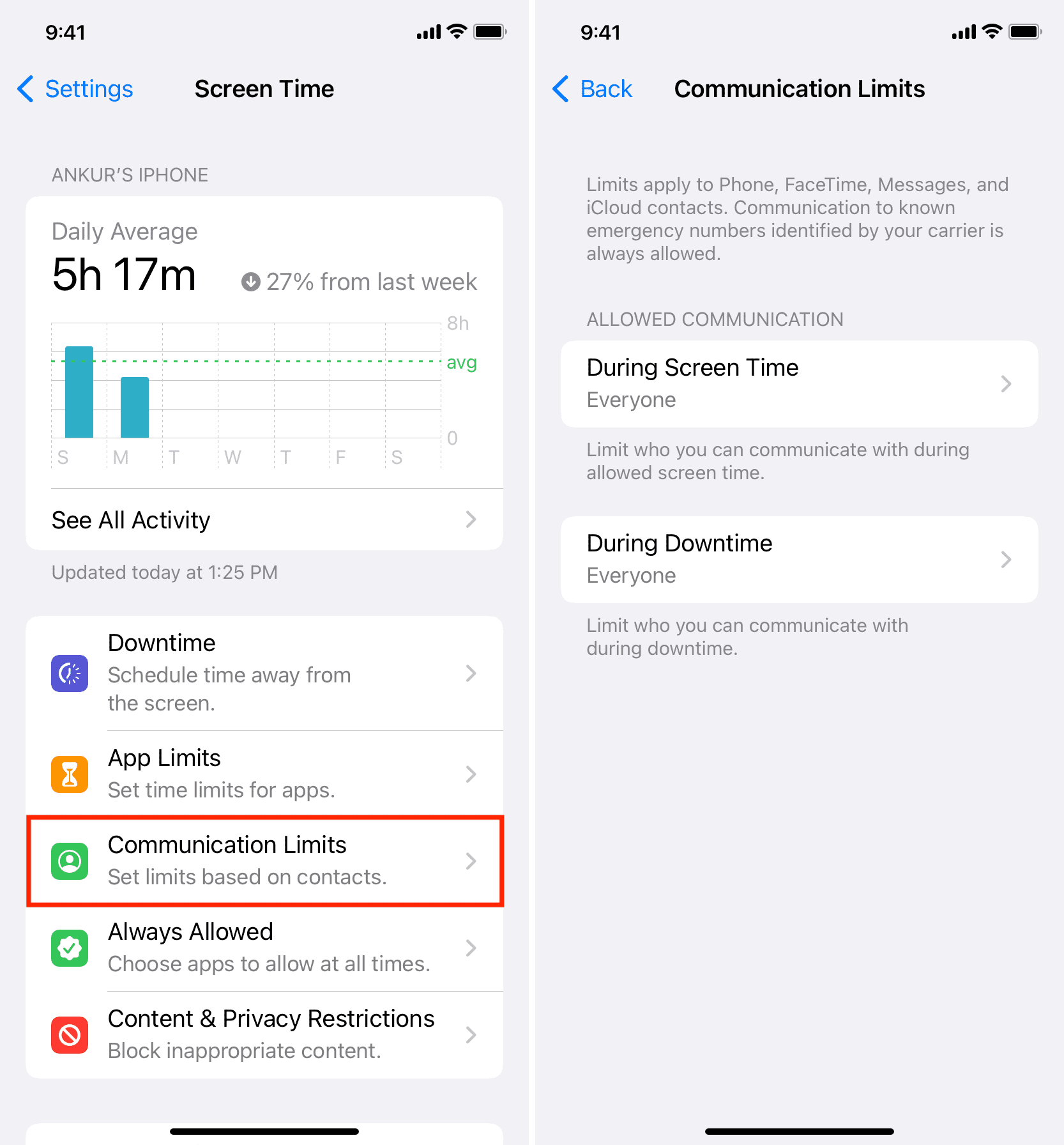 Communication Limits in iPhone Screen Time settings