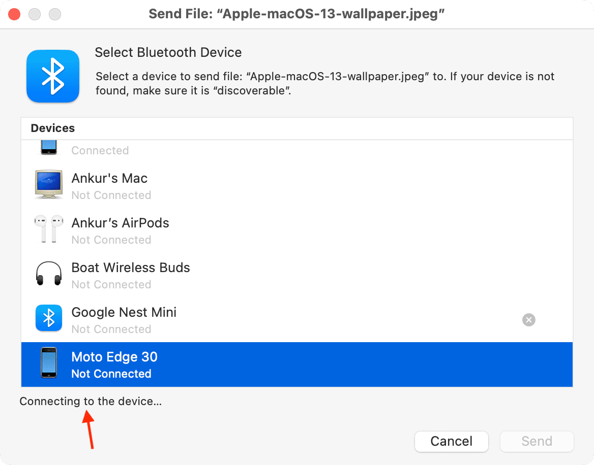Connecting to the device message in Bluetooth File Exchange app on Mac