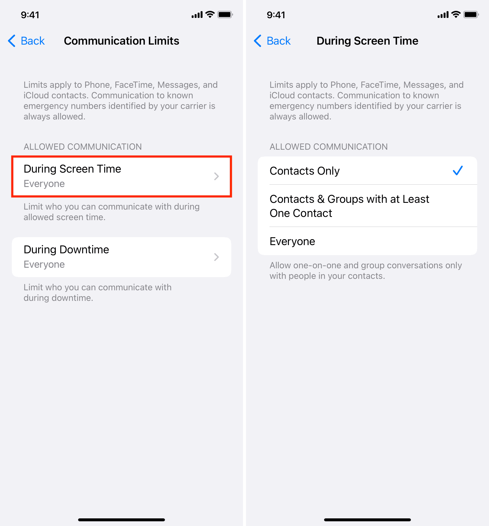 Contacts Only for During Screen Time limits on iPhone