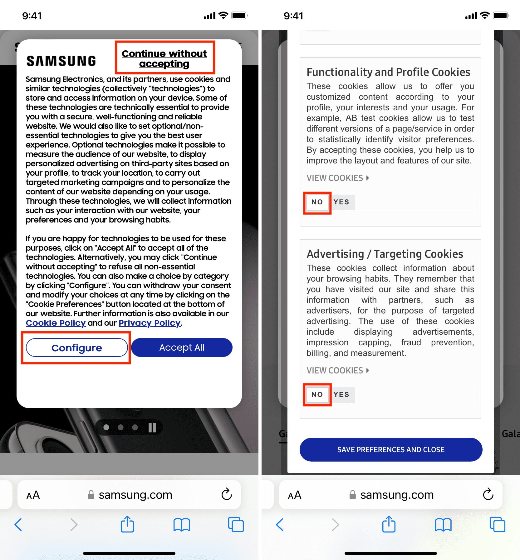Cookie consent popup on Samsung website in Safari on iPhone