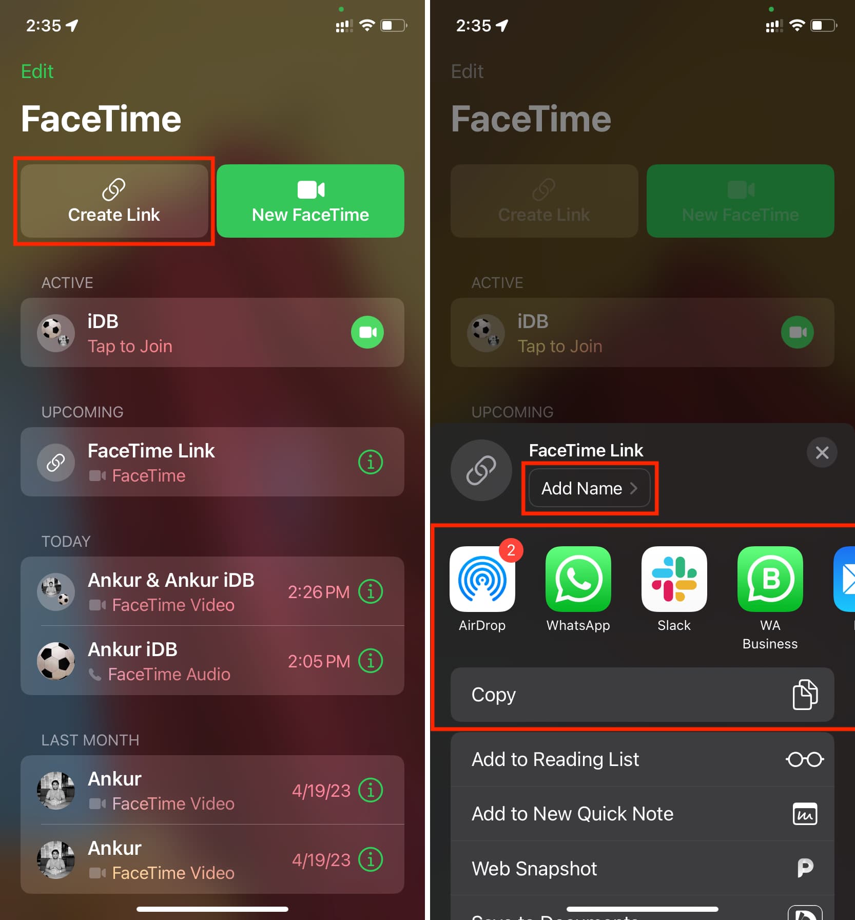 Create Link for new FaceTime Group call on iPhone