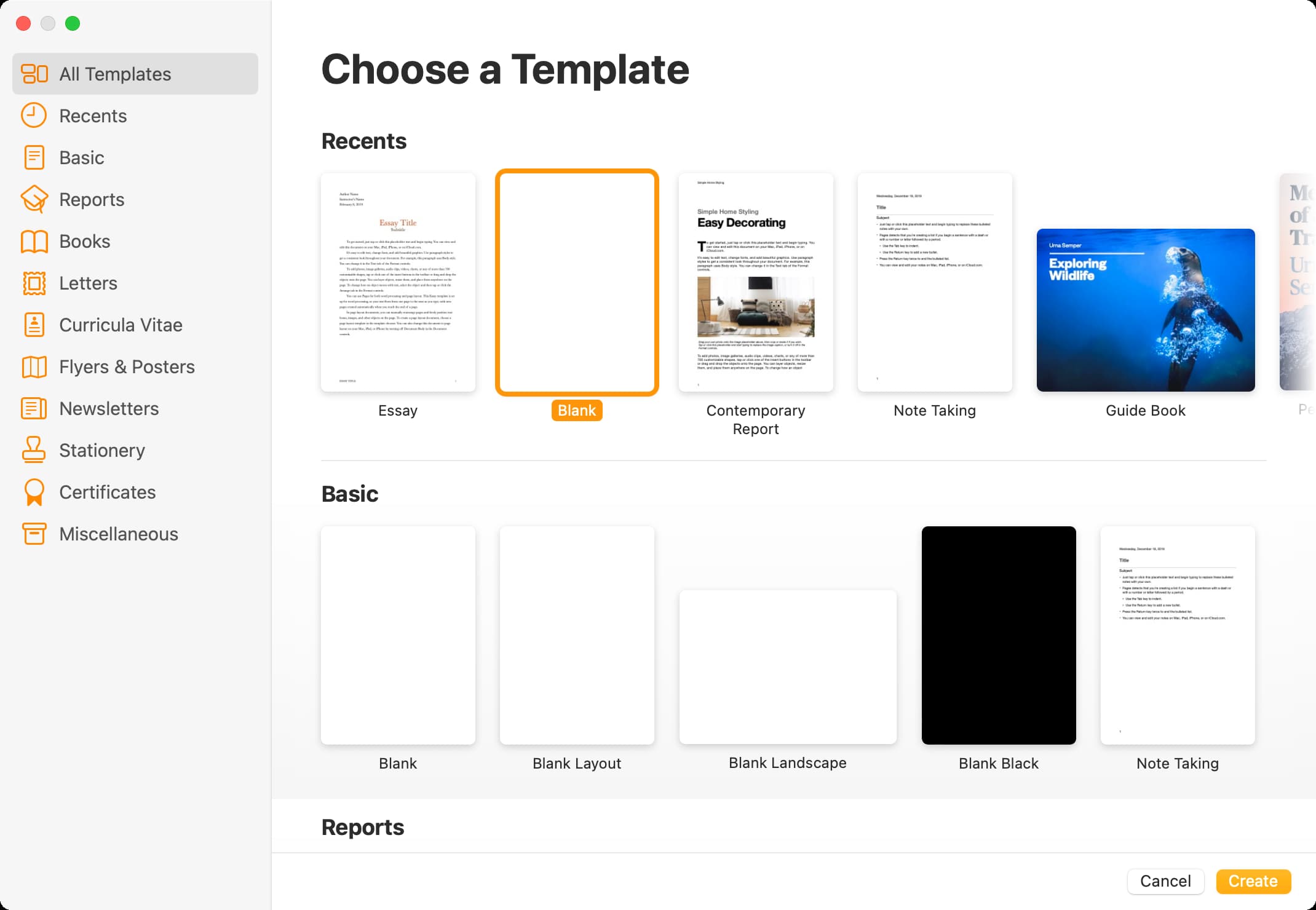 Create a blank document in Pages app on Mac