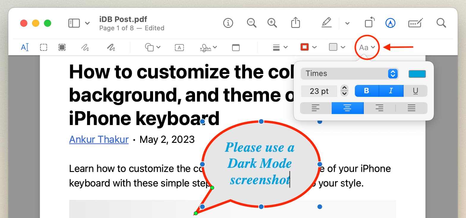 Customize text inside speech bubble over PDF on Mac
