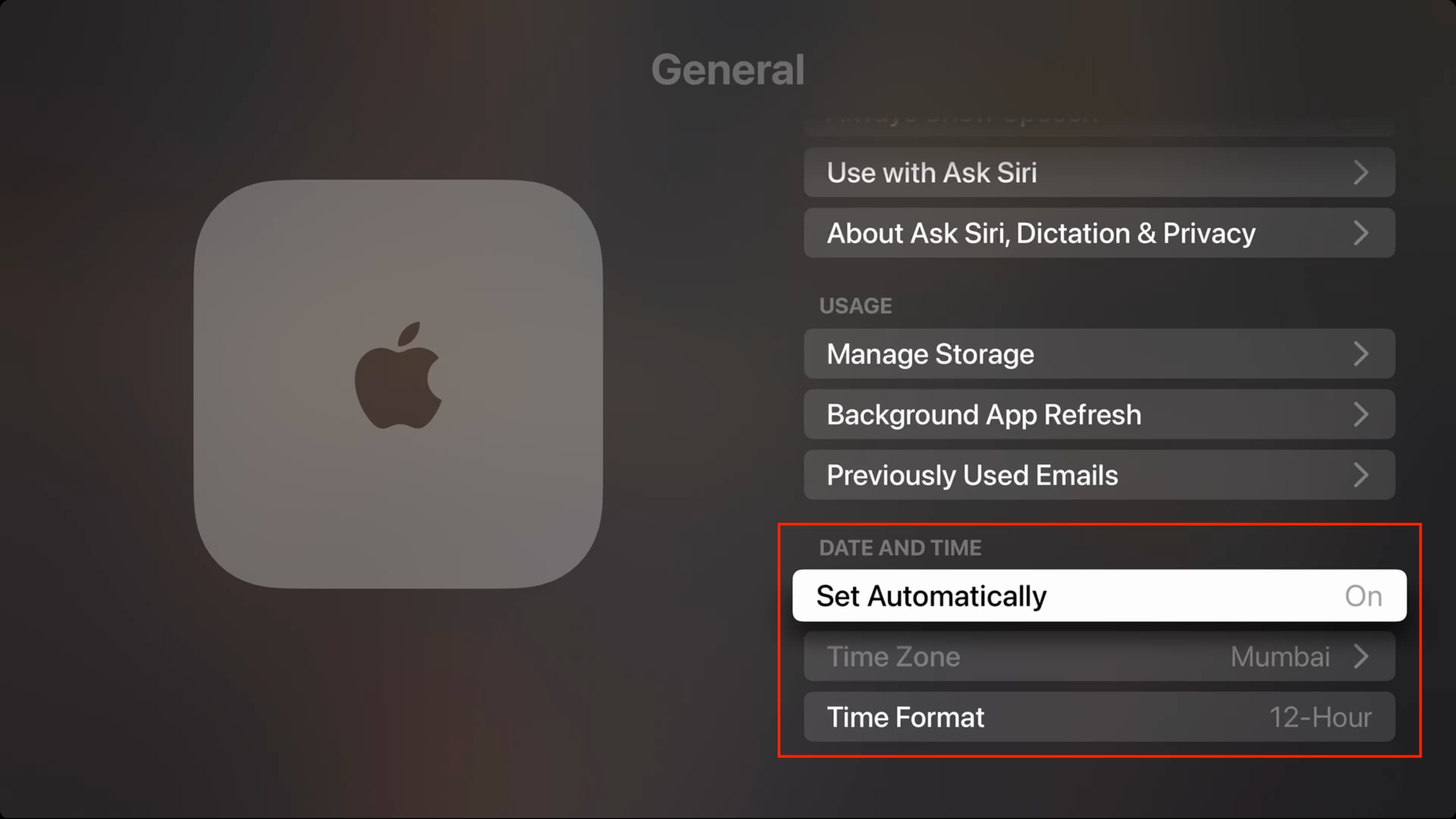 Date and time settings on Apple TV