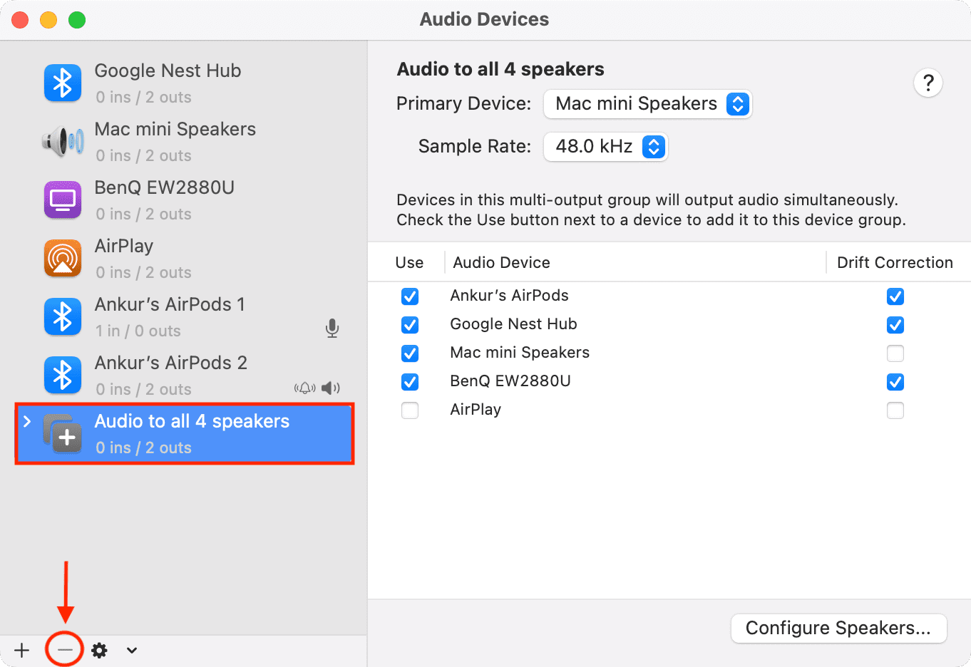 Delete multi-audio device setup from Audio MIDI Setup app on Mac