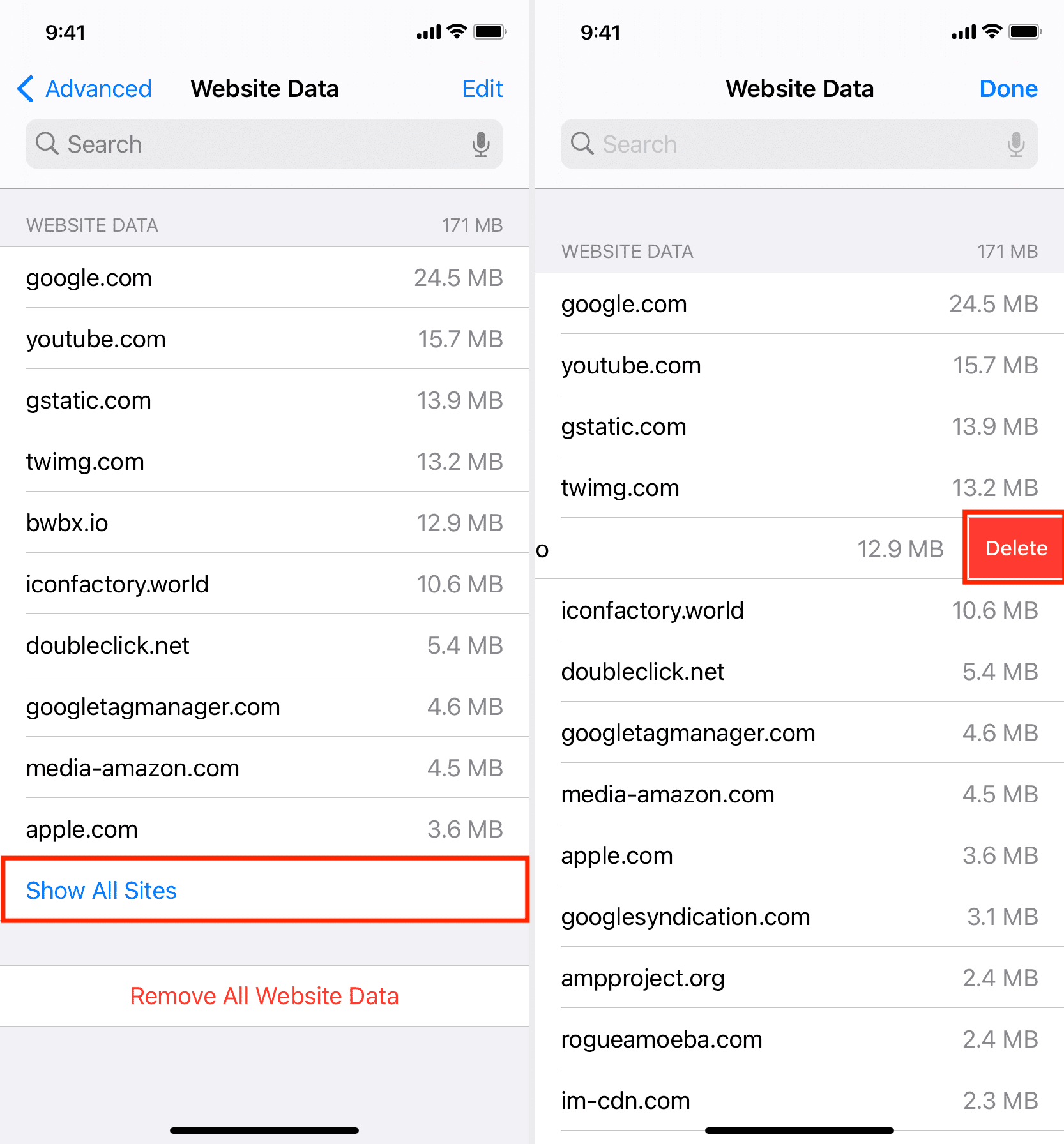 Delete website data for a website on iPhone