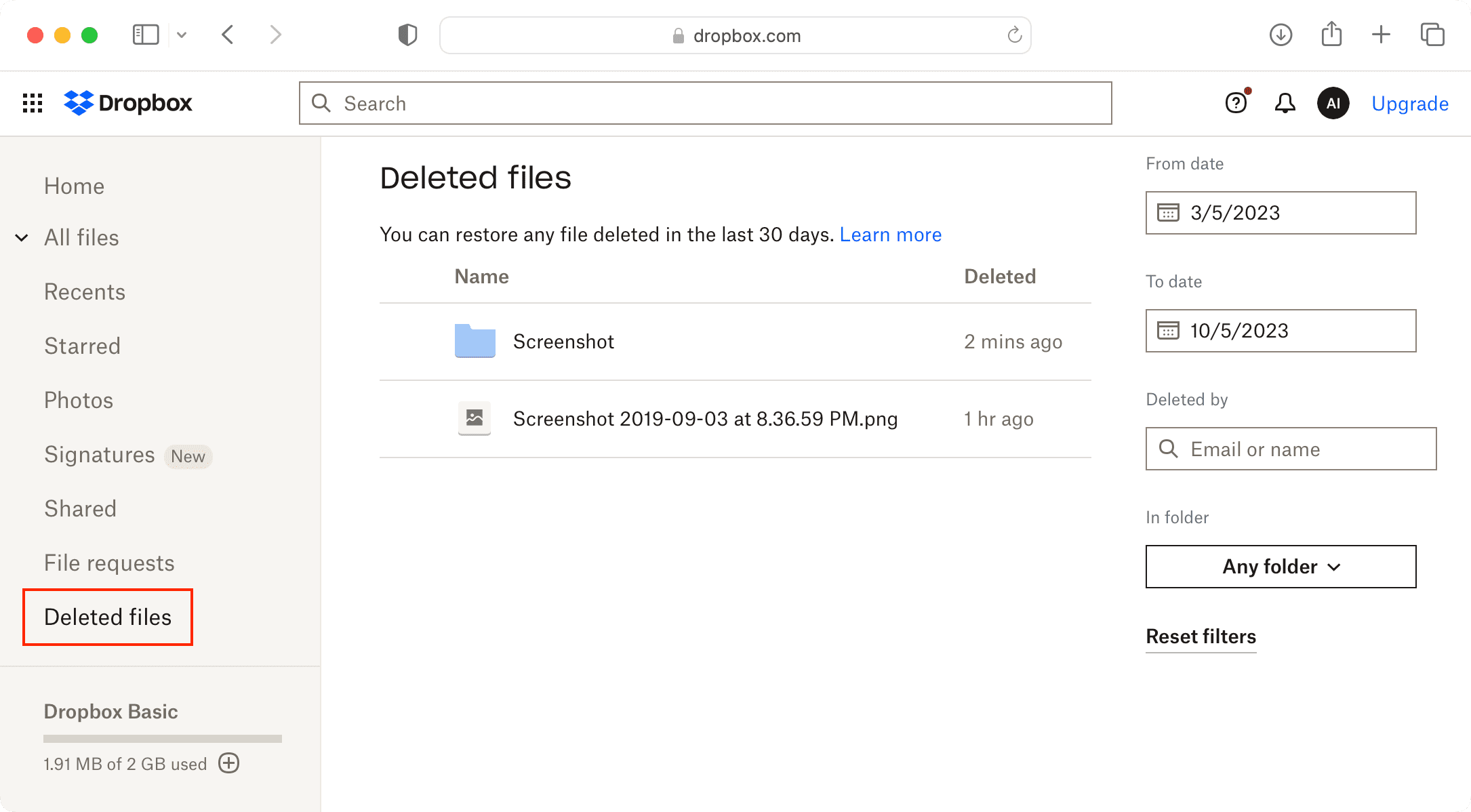 Restore deleted files in Dropbox on web