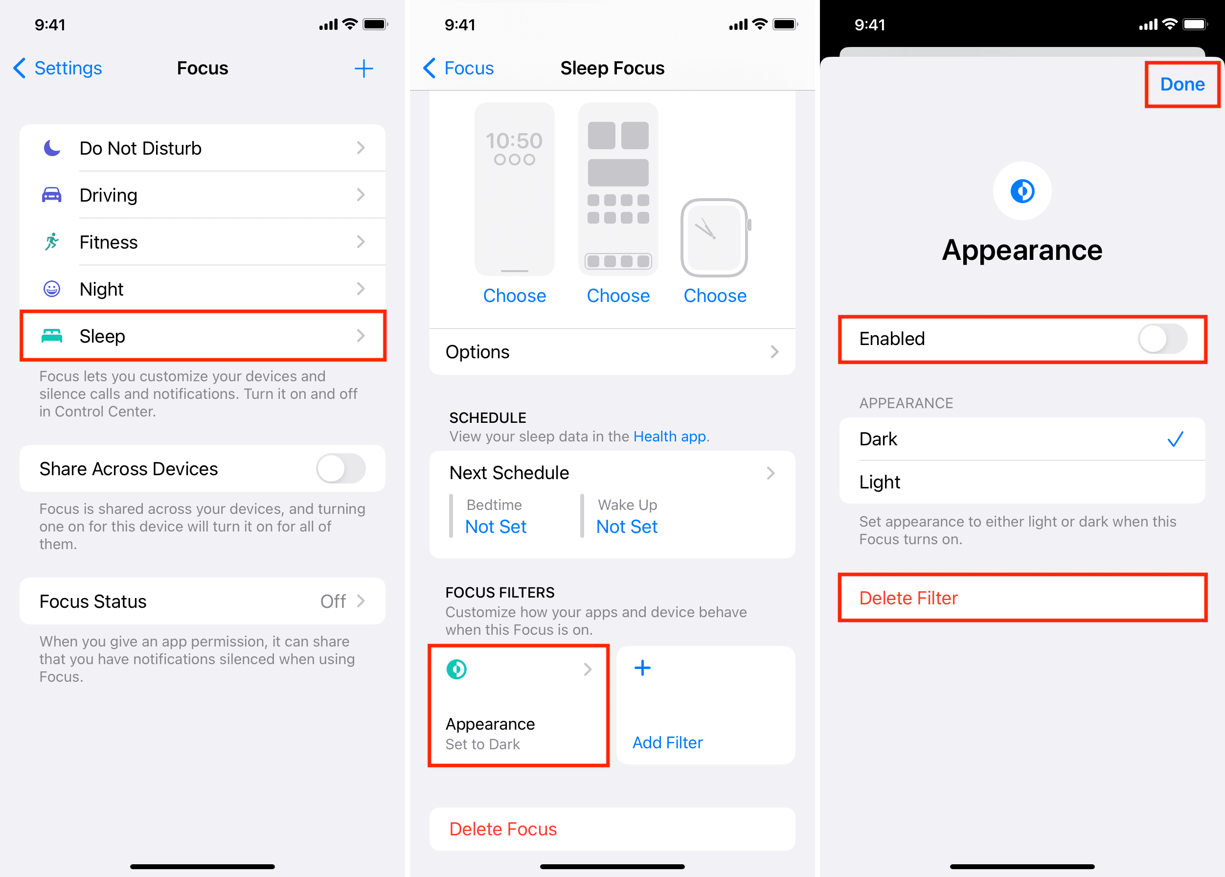 Disable Dark Mode Focus Filter on iPhone