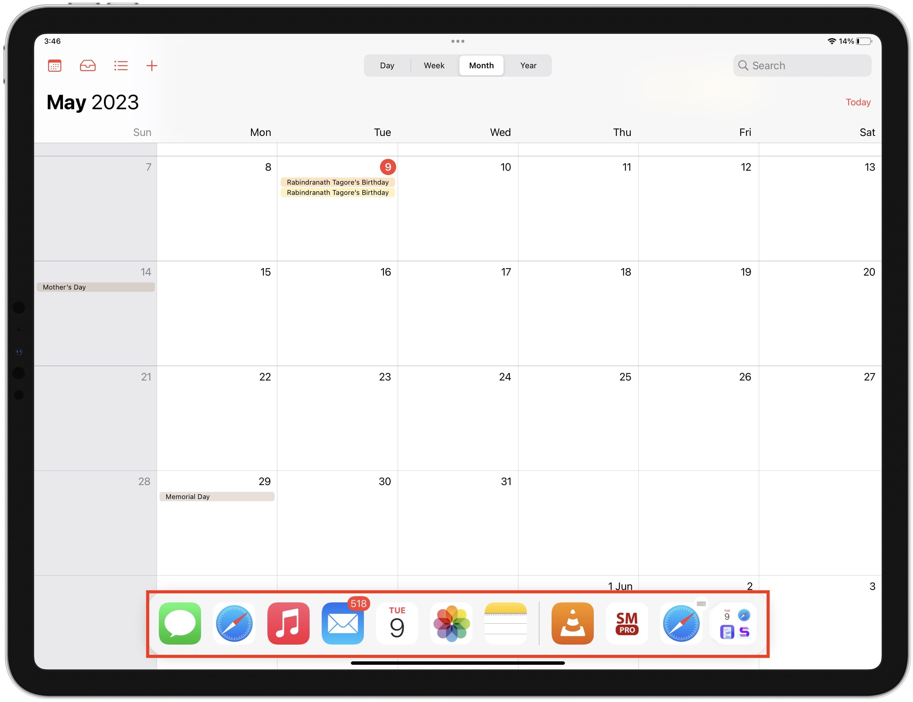 Dock open on iPad screen with Calendar app in background