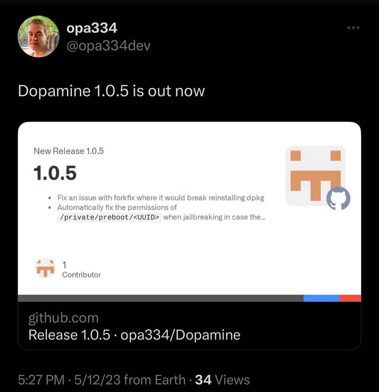 Dopamine jailbreak updated to v1.0.5.
