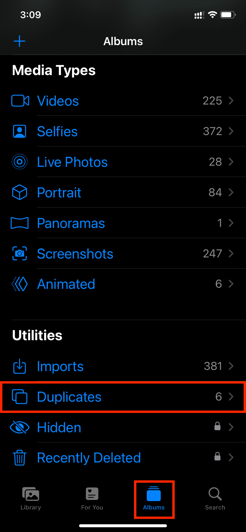 Duplicates section in iPhone Photos app