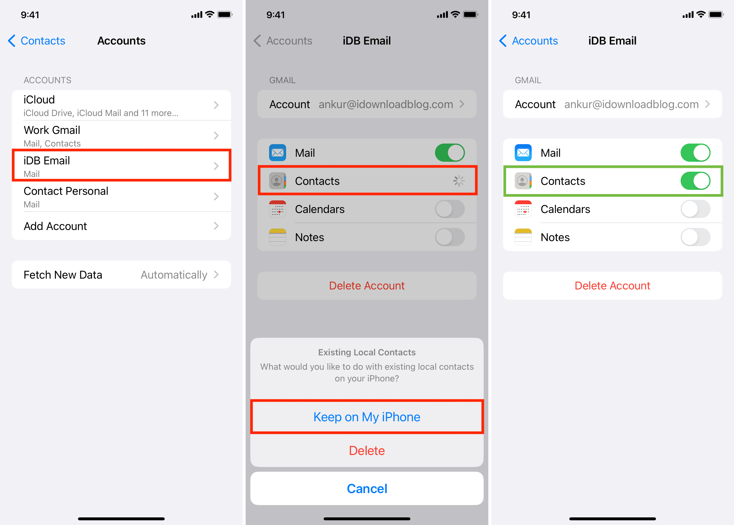 Enable Contacts and choose to Keep on My iPhone