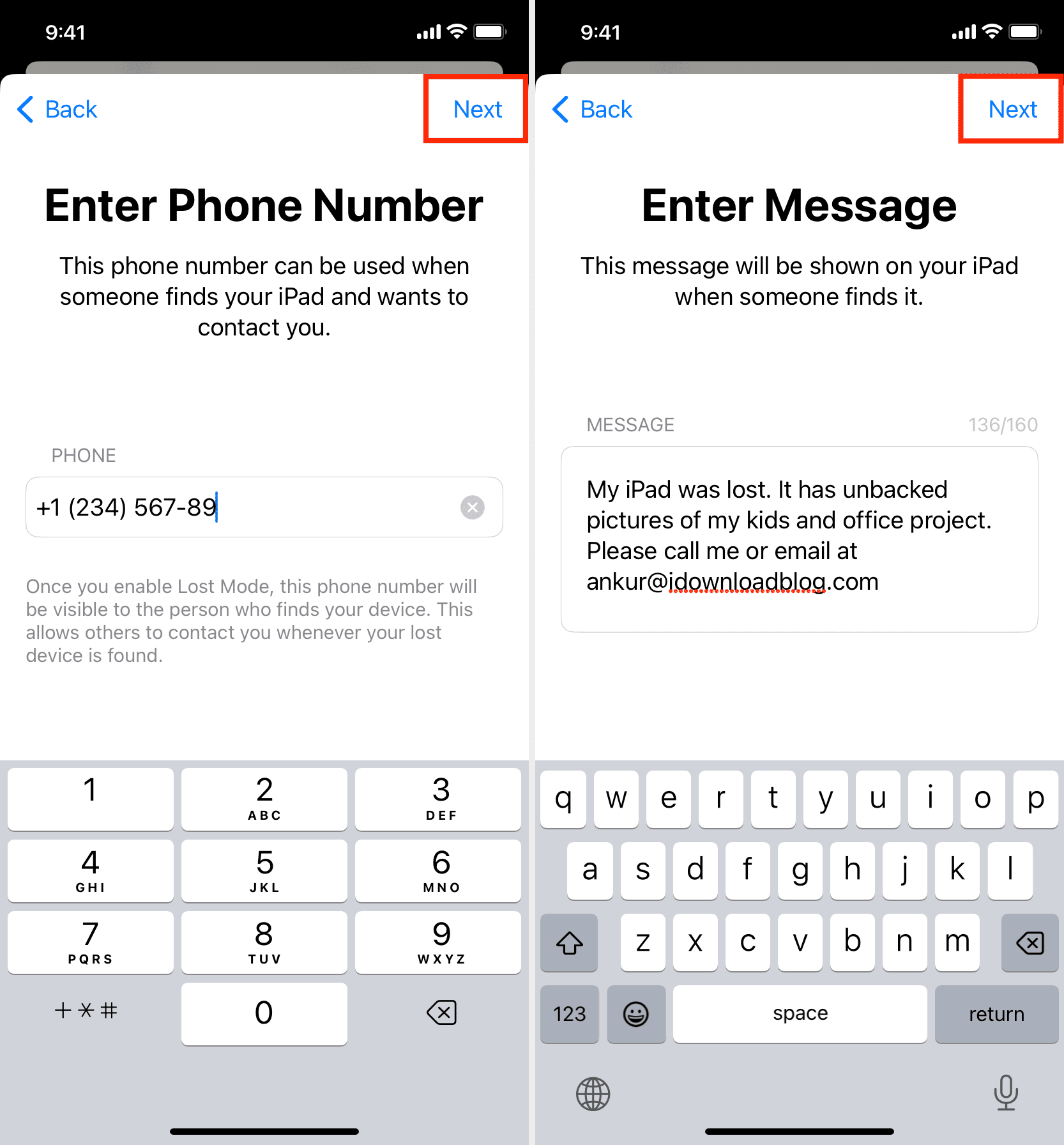 Enter phone number and message to display on lost or stolen iPhone and iPad's Lock Screen
