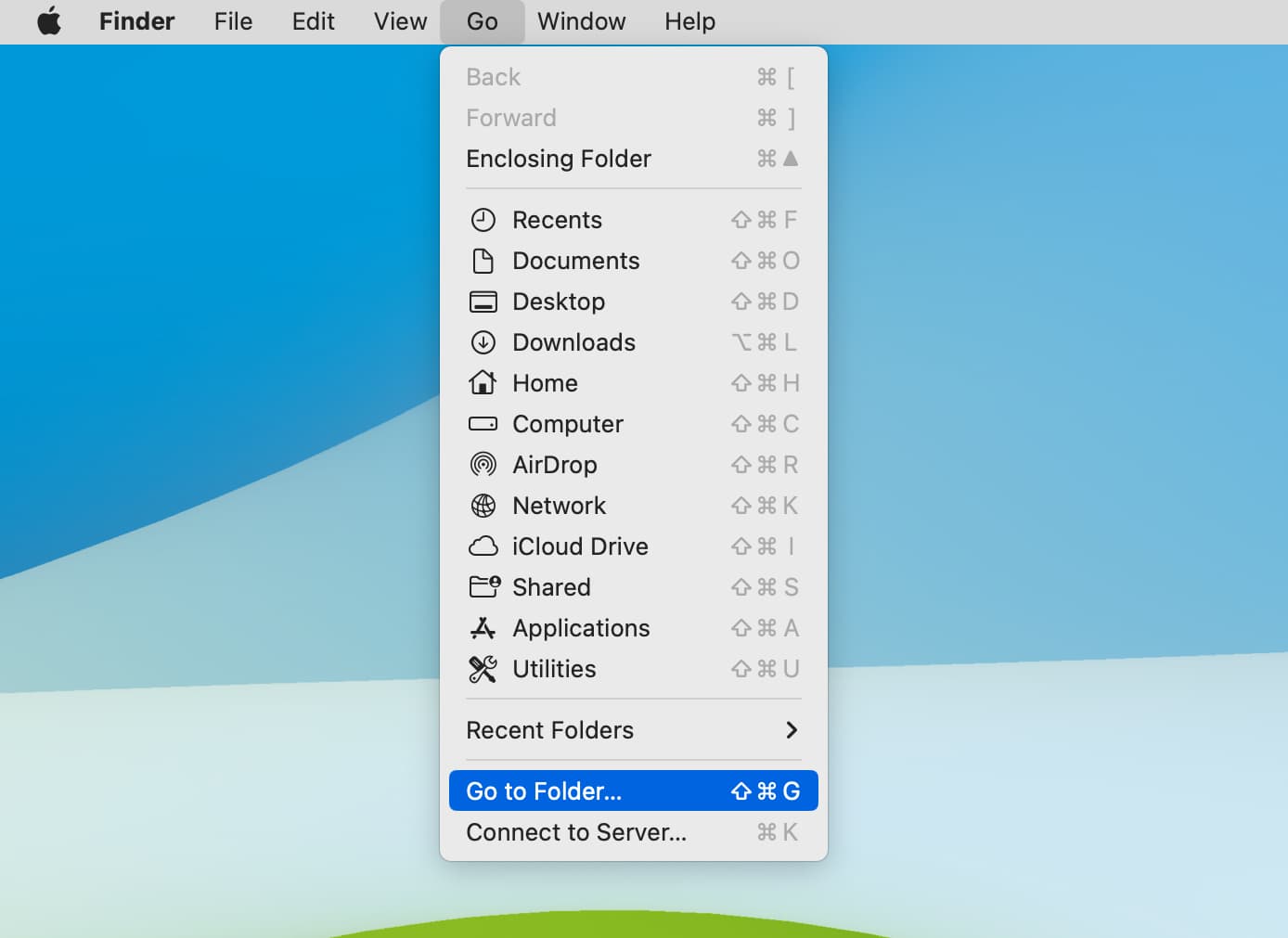 Go to folder from Go menu in Finder on Mac