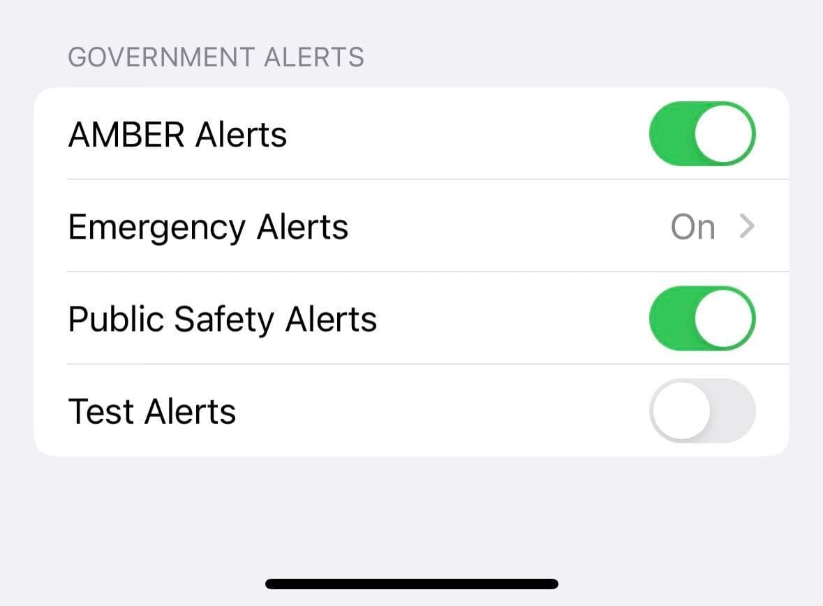 Government alerts in iPhone notifications settings