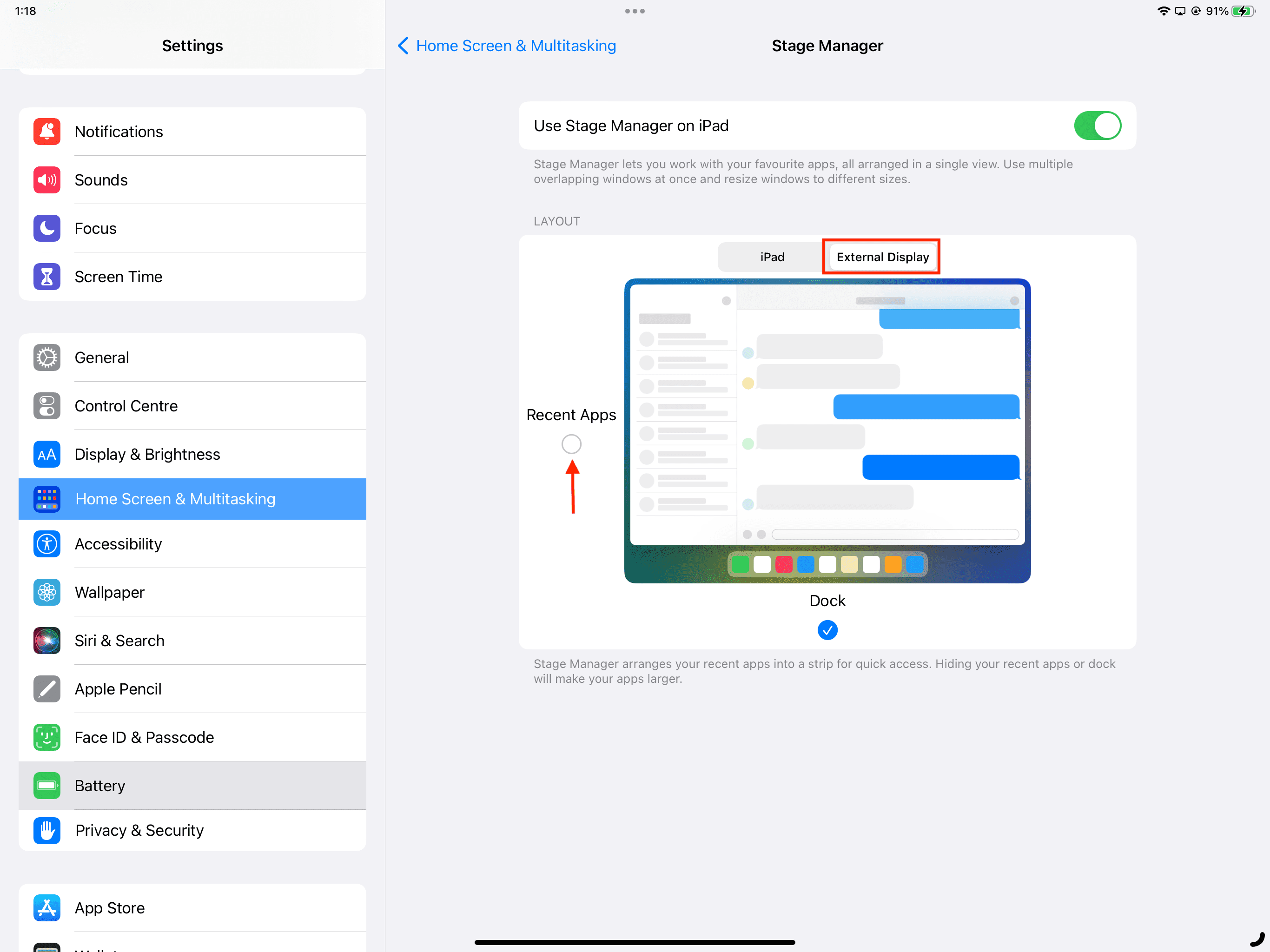 Hide Stage Manager sidebar from showing on iPad's external display