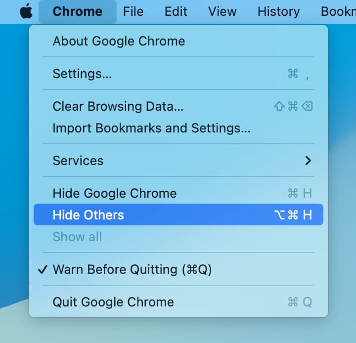 Hide all other apps on Mac except the current one using Hide Others option in menu bar
