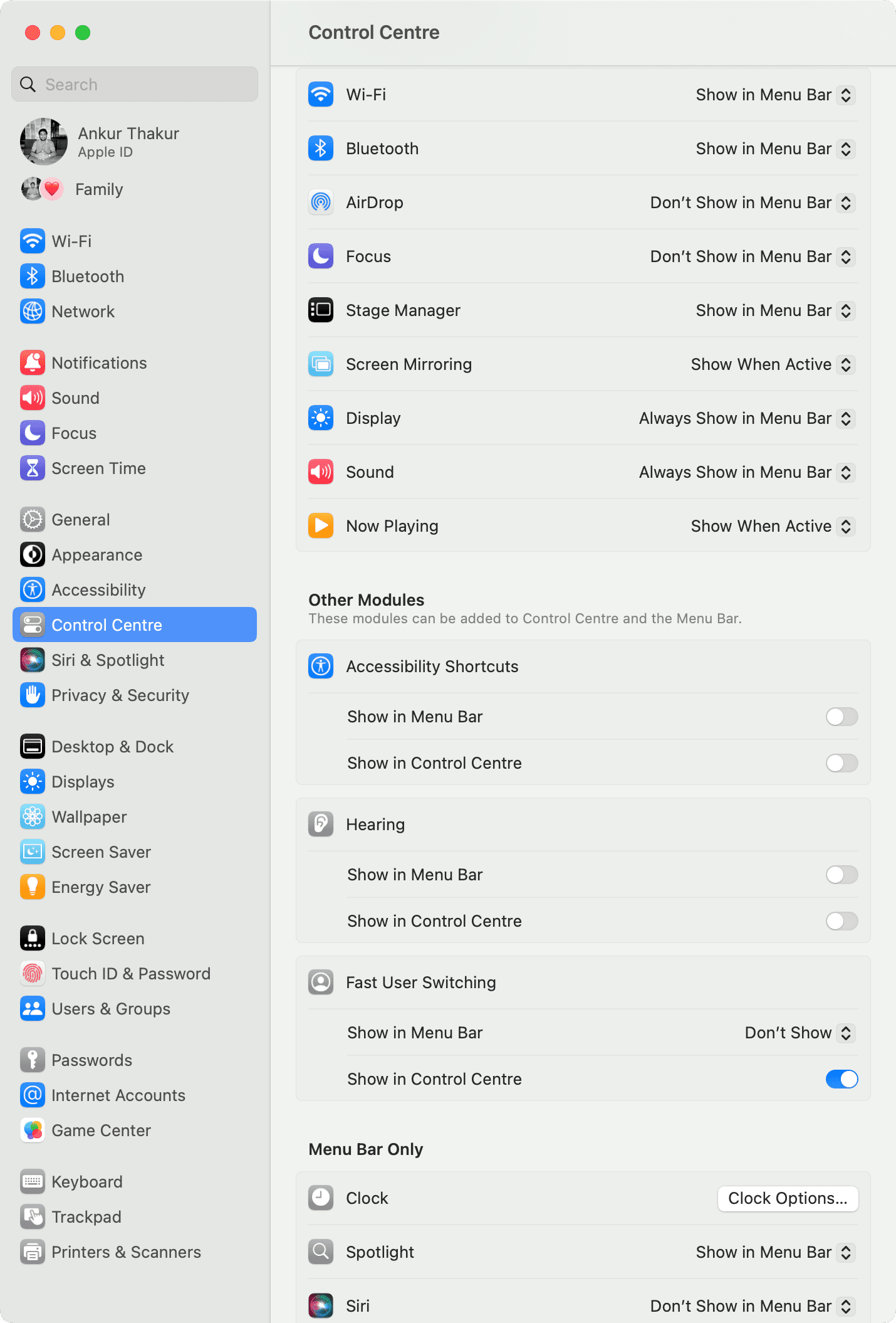 Hide icons from Mac menu bar using Control Center settings