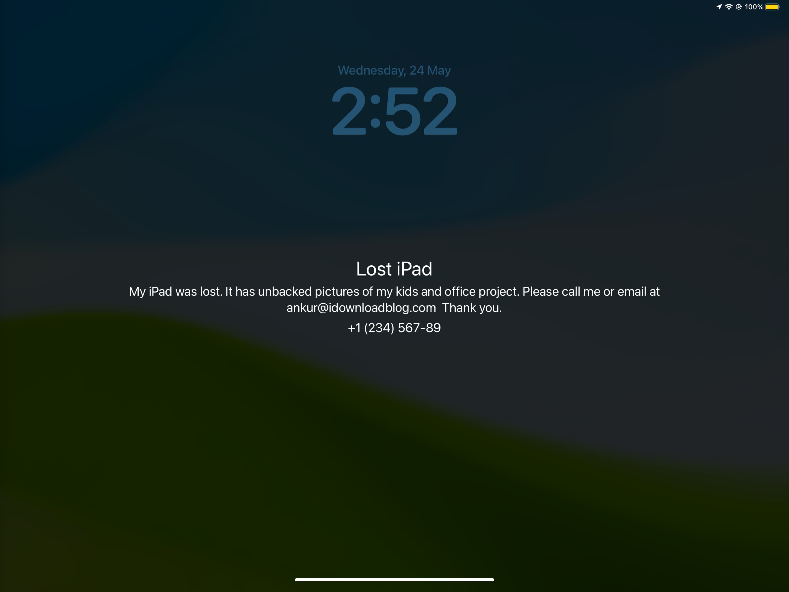 Lost iPad showing user's message and phone number on Lock Screen