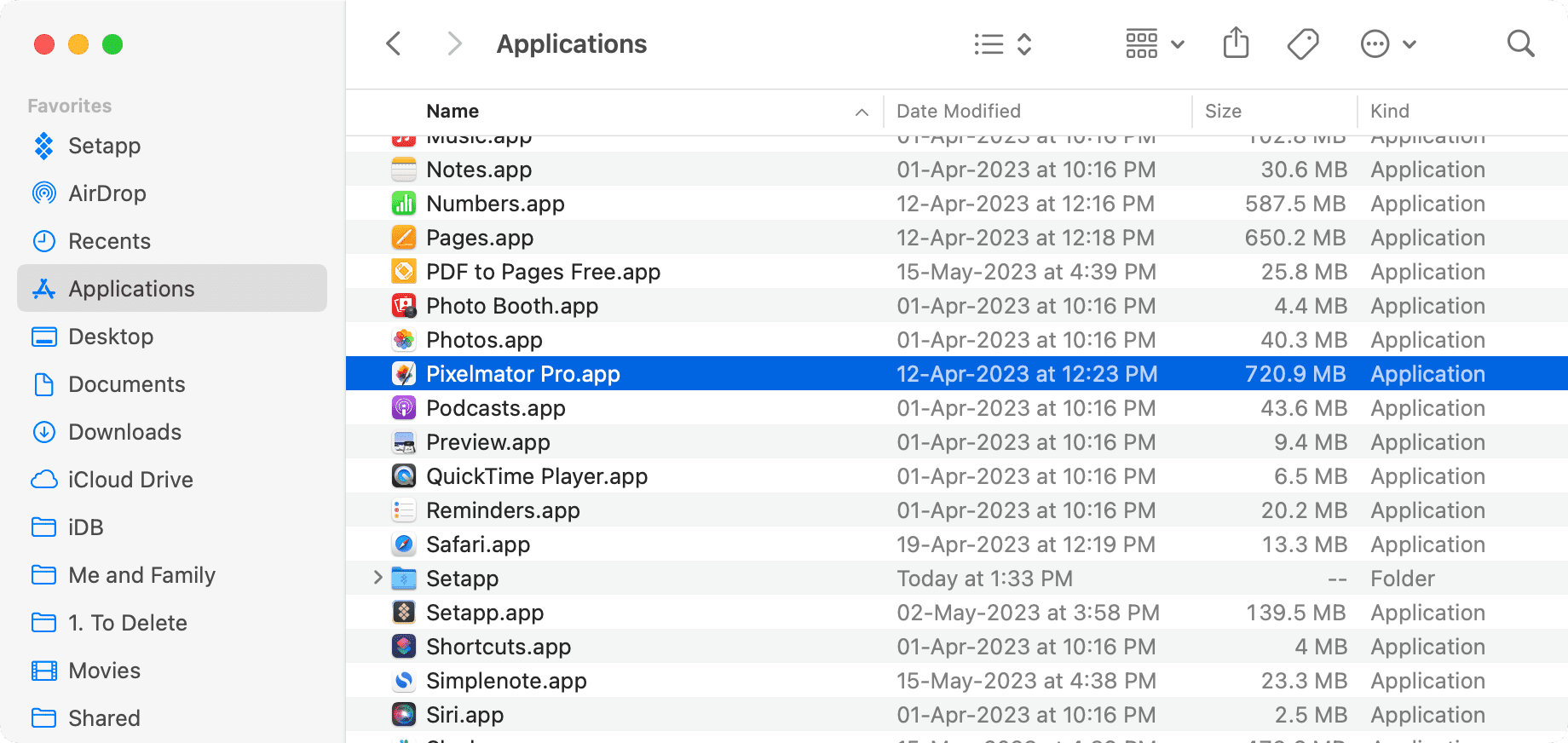 Mac Applications folder with an app selected