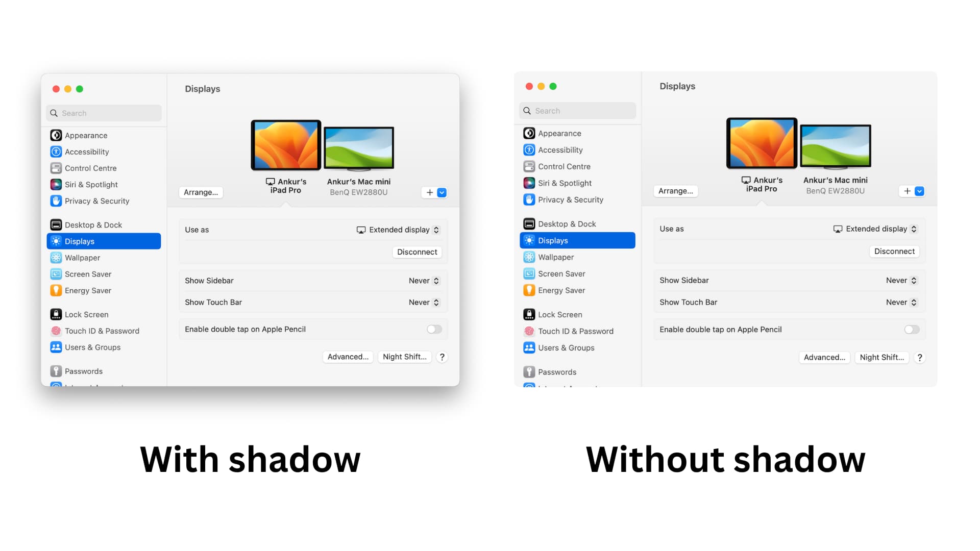 Two Mac screenshots of the same window with one screenshot having the shadow and the other without the shadow