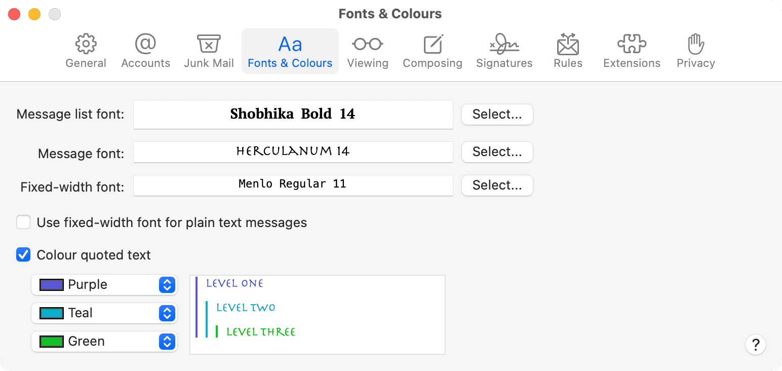 Mail app Fonts and Colors settings on Mac