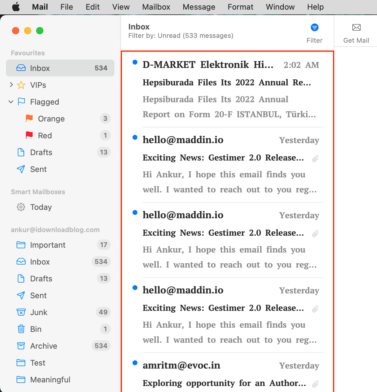 Mail app Inbox with different font on Mac