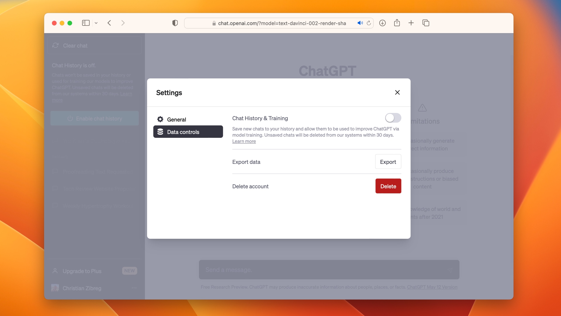 ChatGTP web client settings showing chat history disabled 