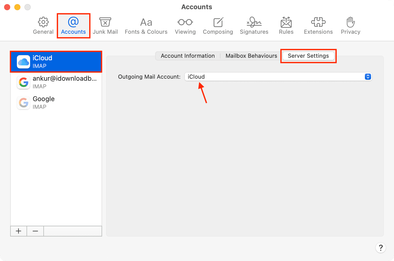 Outgoing Mail Account setting for iCloud on Mac