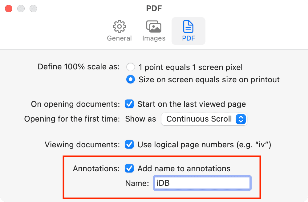 PDF settings in Preview on Mac