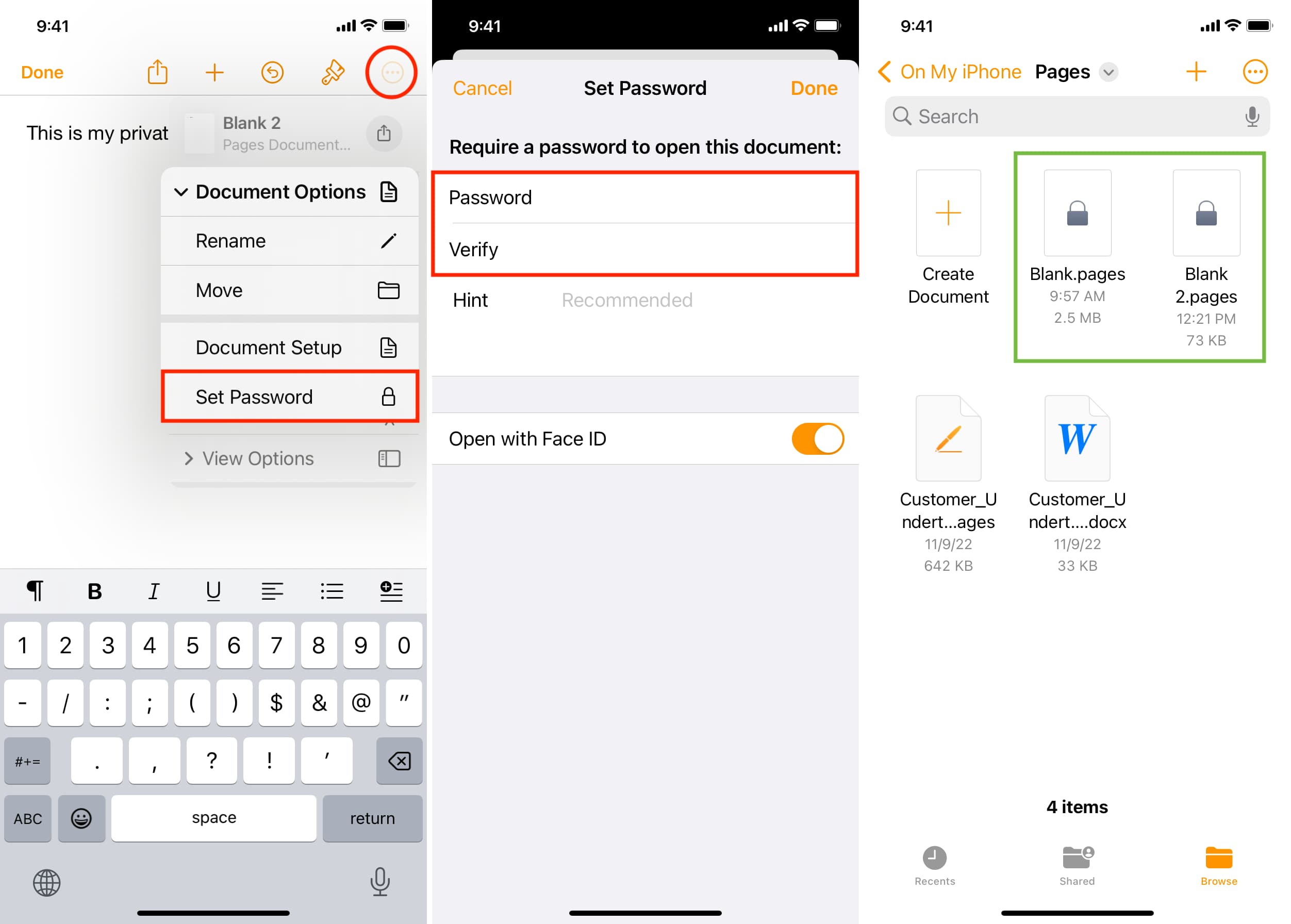 Password protected files in iPhone Pages app