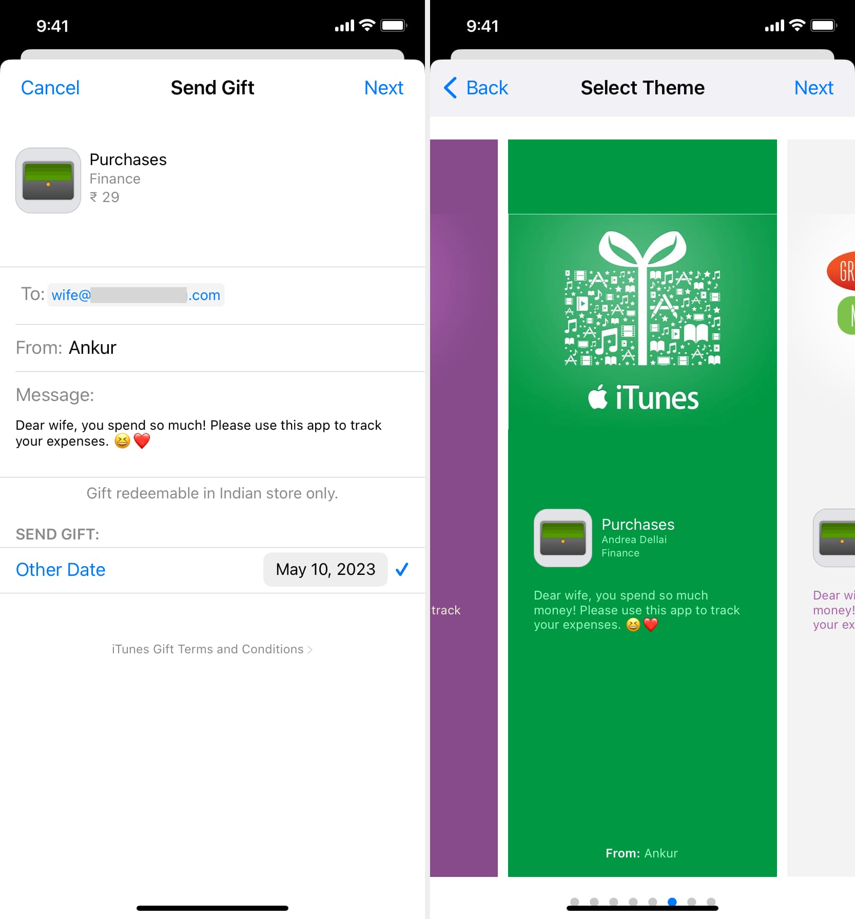 Personalize your gift and pick theme on iPhone