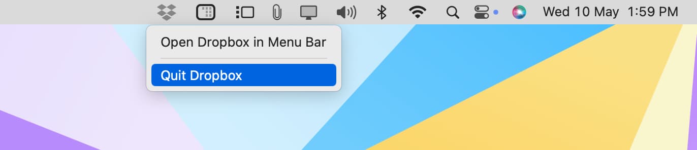 Quit Dropbox from Mac menu bar