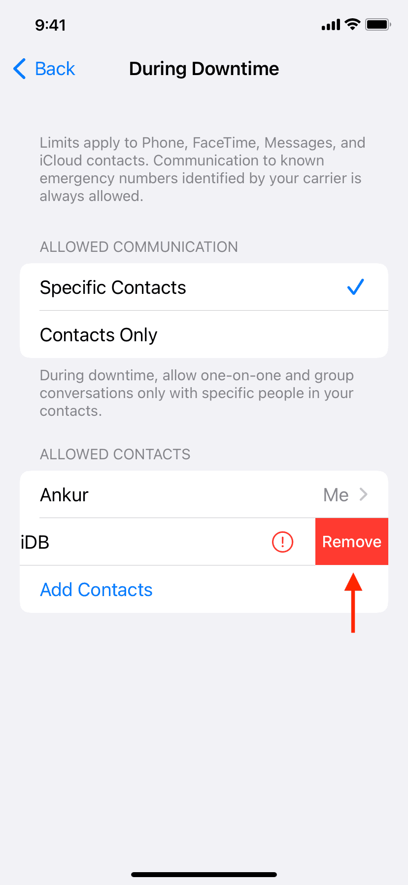 Remove contact added to During Downtime Communication Limits on iPhone