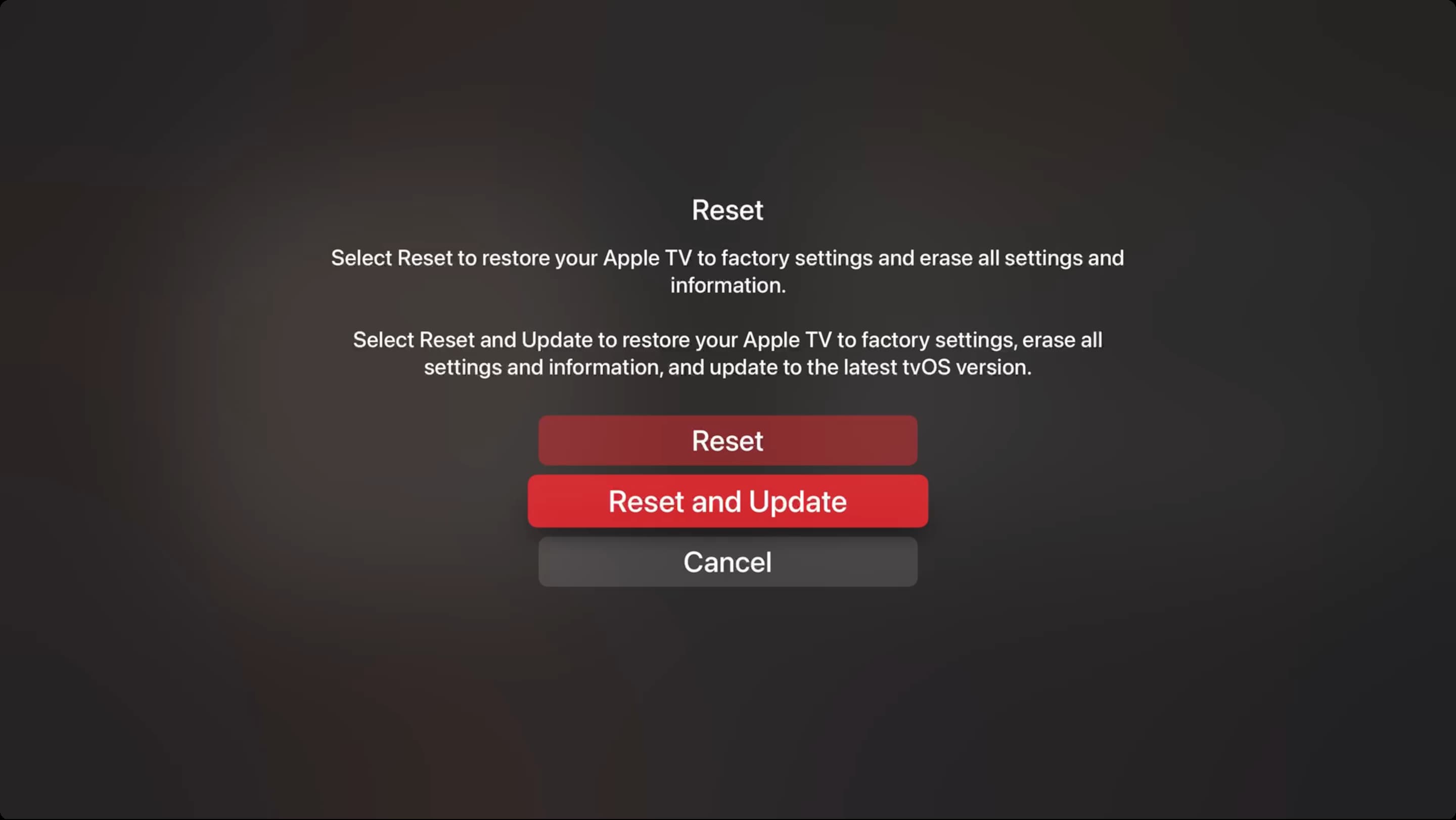 Reset Apple TV from settings