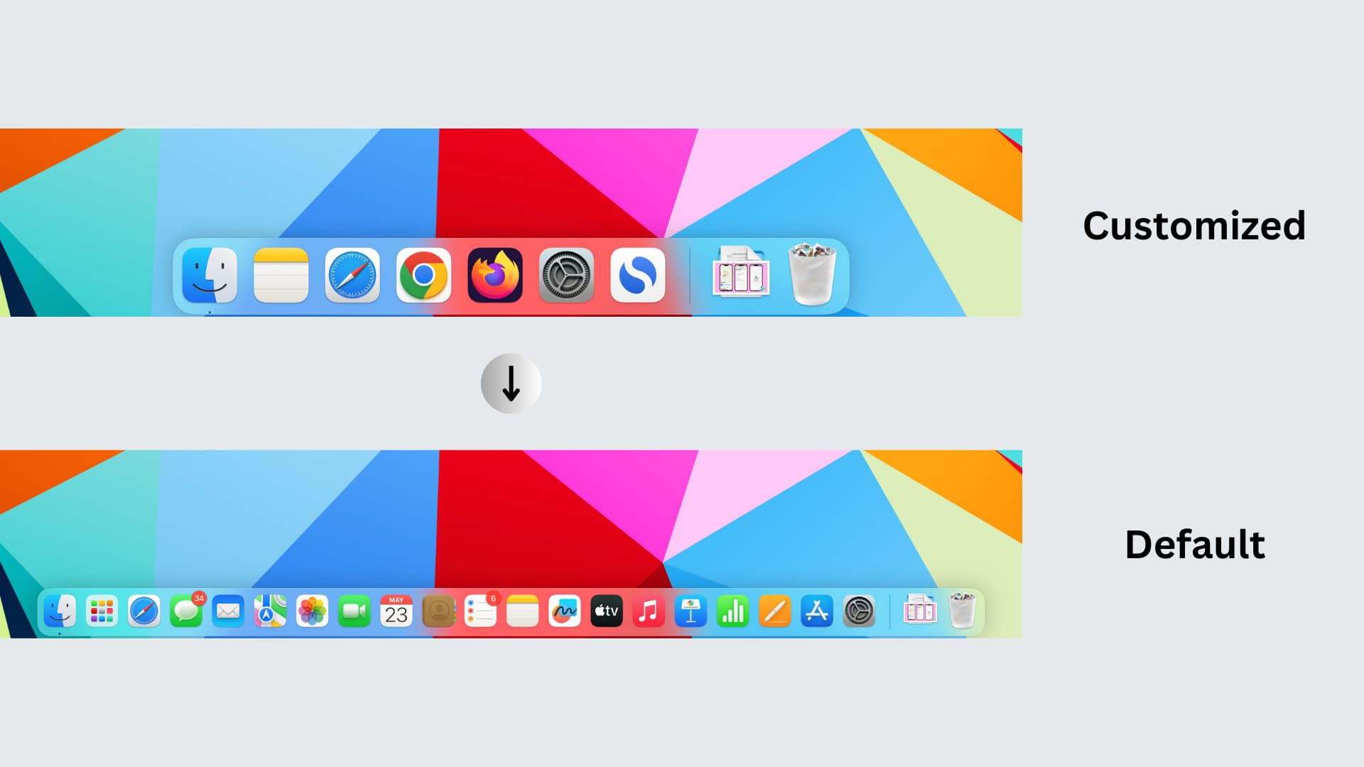 Customized and default Mac Dock after reset