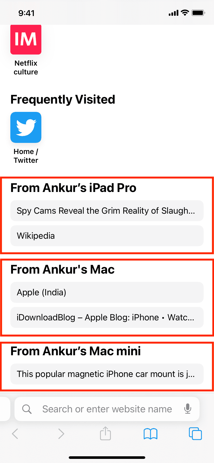 iCloud Tabs from other devices in Safari on iPhone