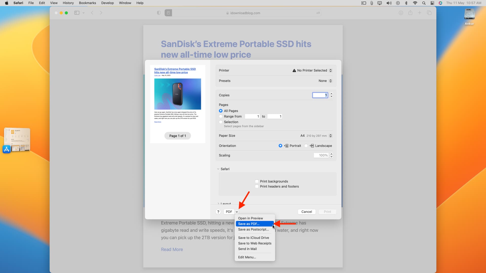 Save as PDF option in Safari on Mac