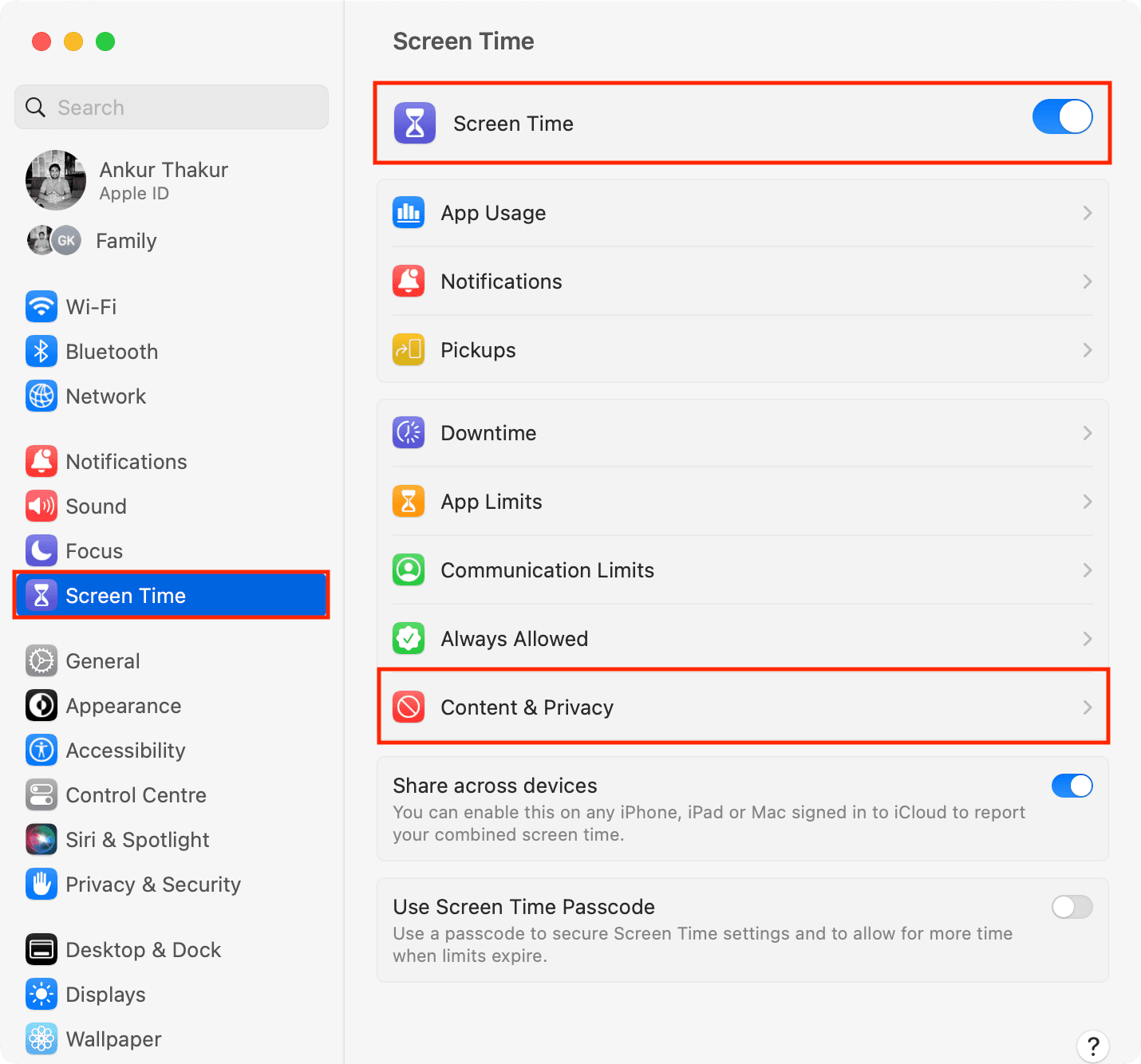 Screen Time enabled on Mac