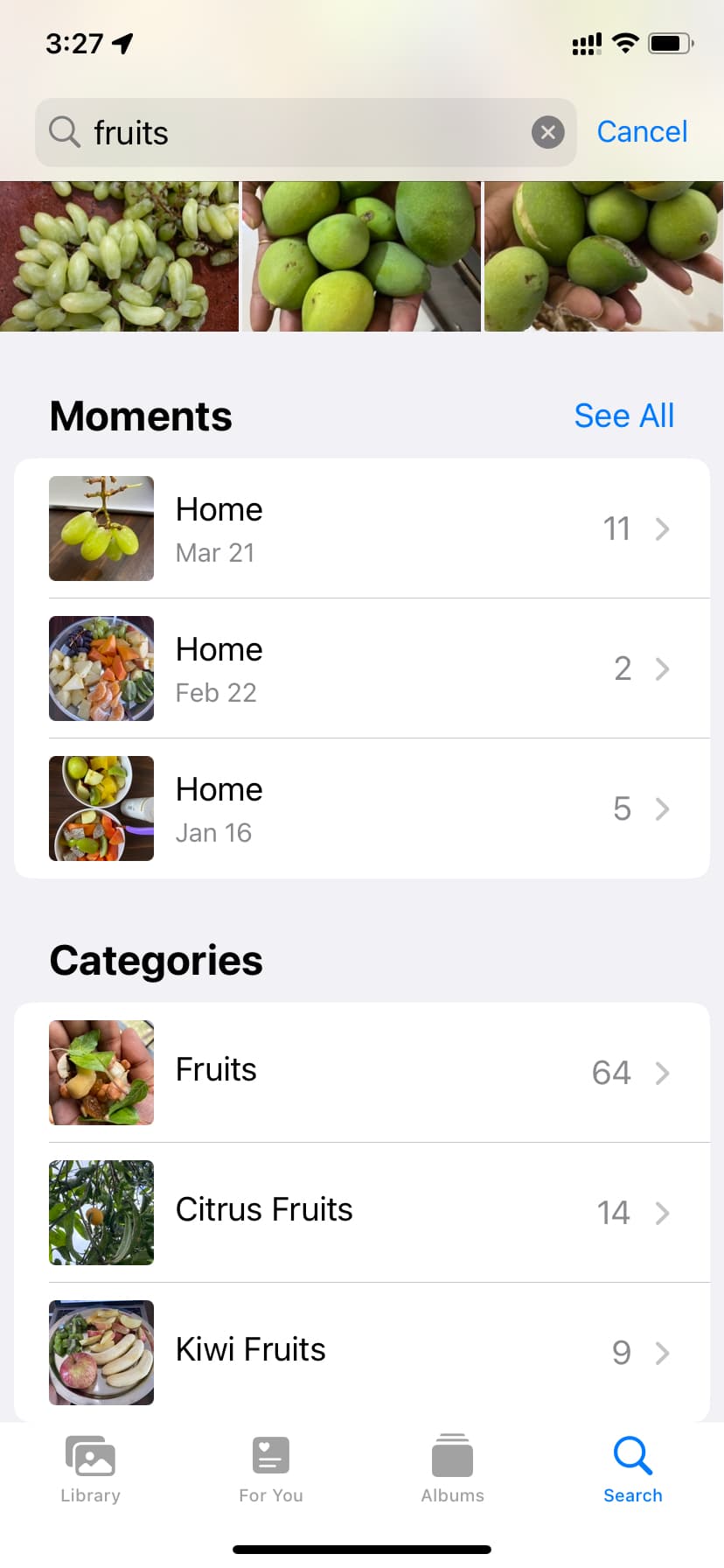 Searching for fruits in iPhone Photos app