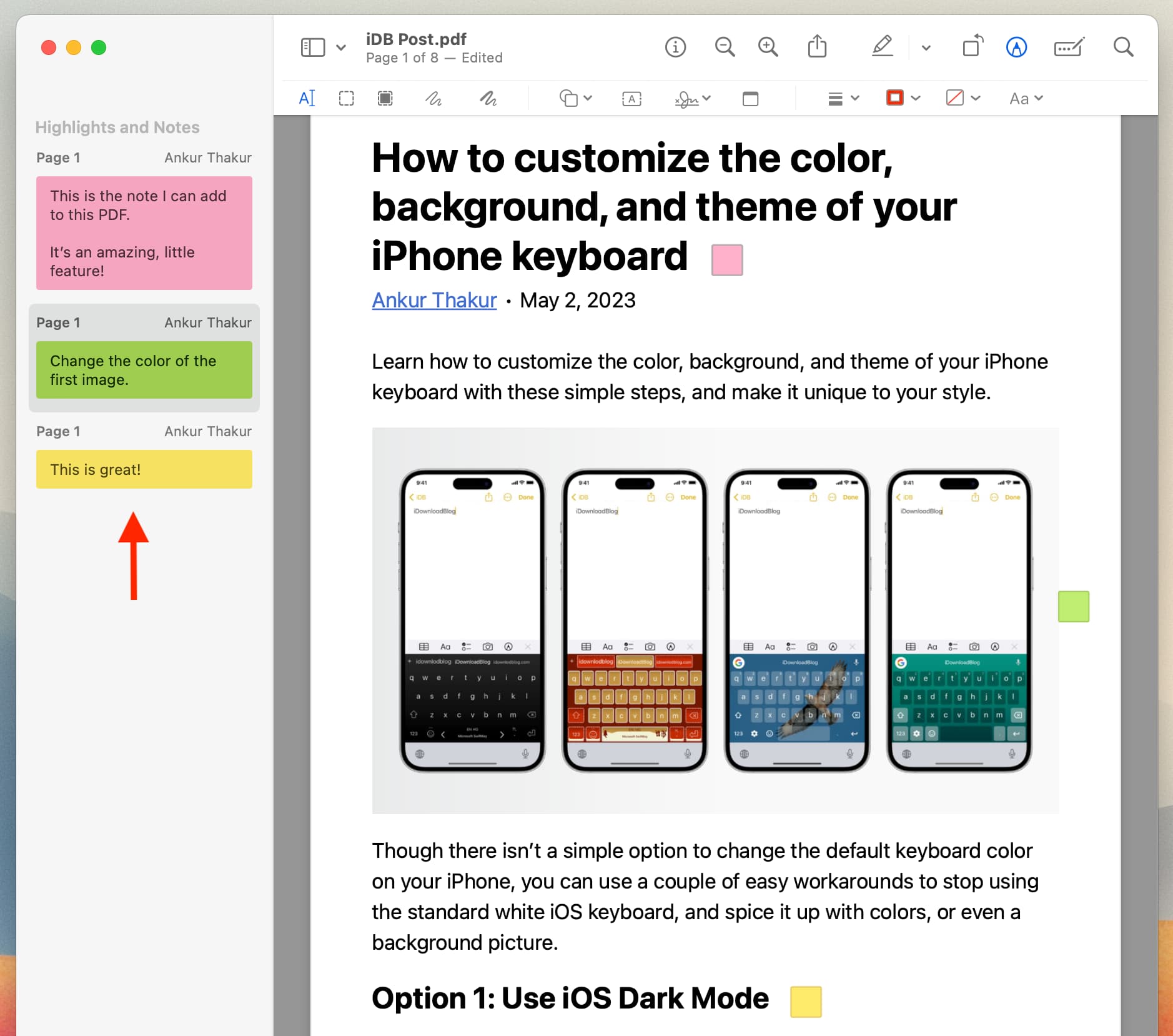 See all added notes of PDF in Preview sidebar on Mac