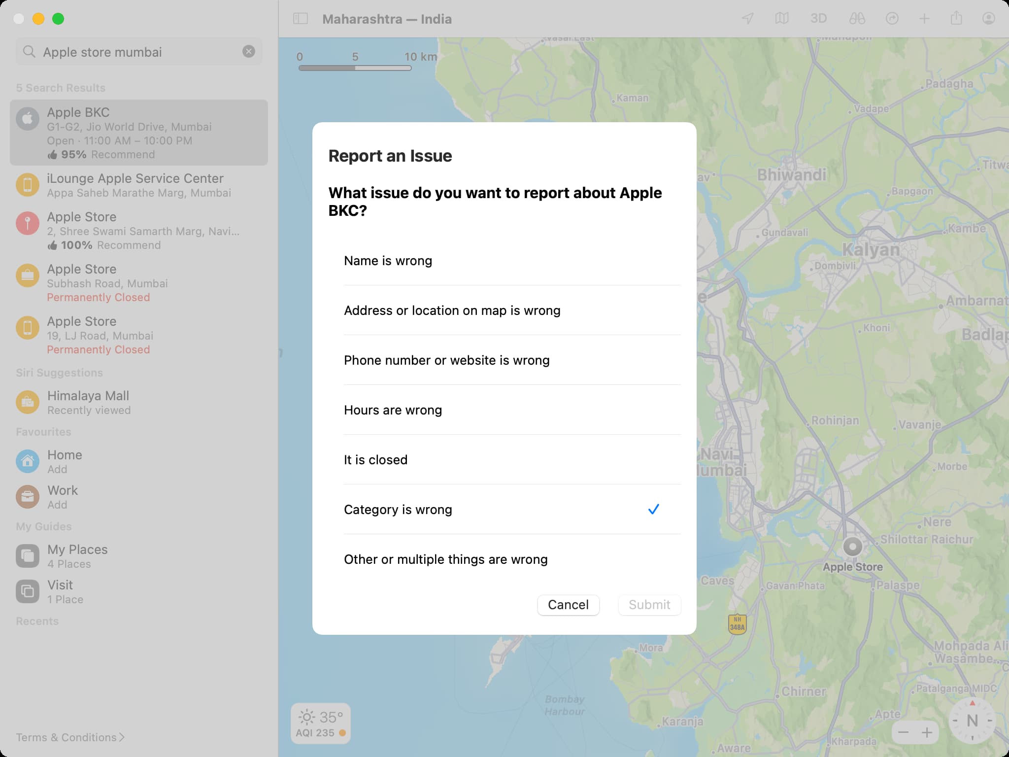 Select issue category in Apple Maps on Mac