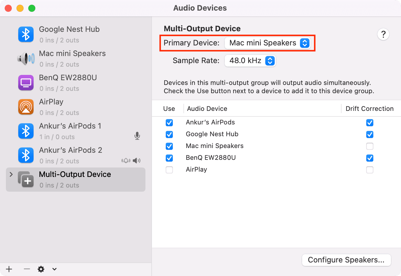 Set Primary Device in Multi-Output Device setup on Mac