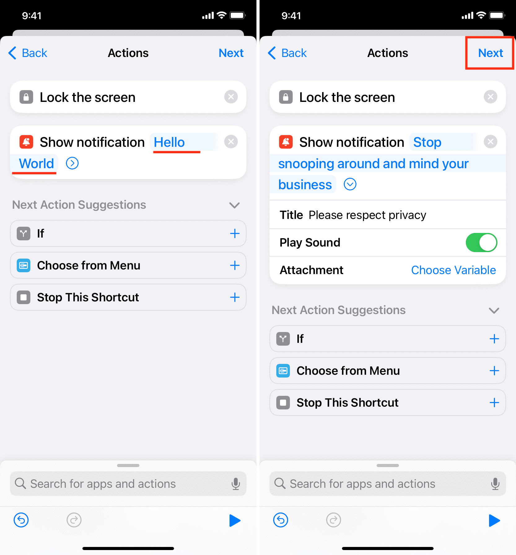 Set iPhone automation to show Lock Screen and display a custom notification when an app is opened