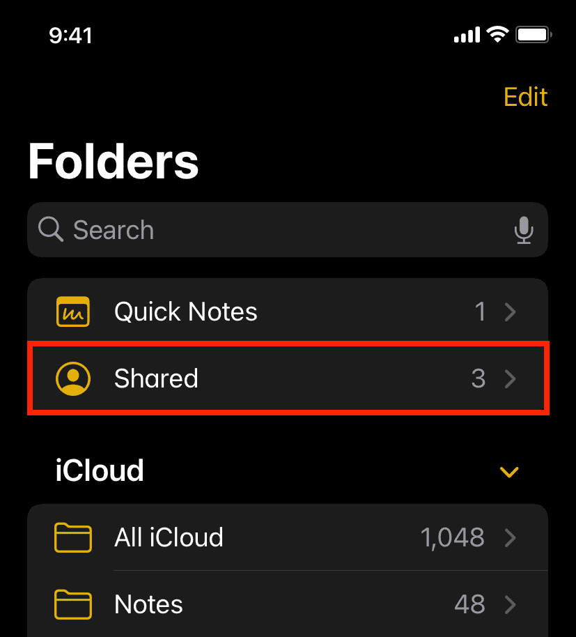 Shared section in iPhone Notes app