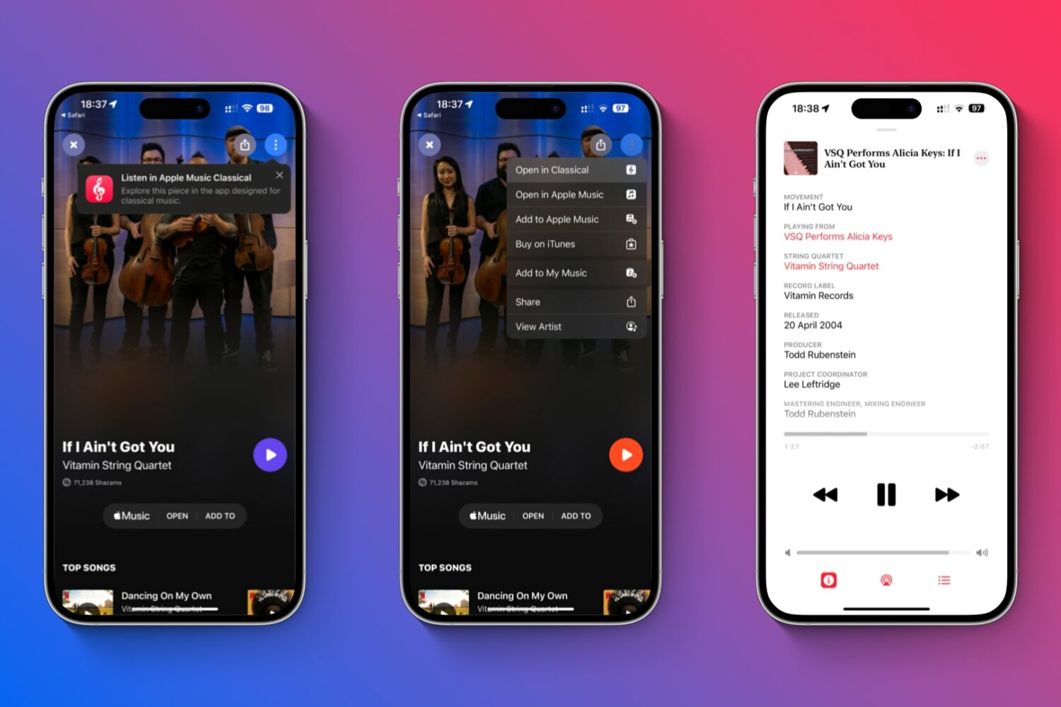 Three iPhone screenshots showcasing opening a piece from Shazam in Apple Music Classical