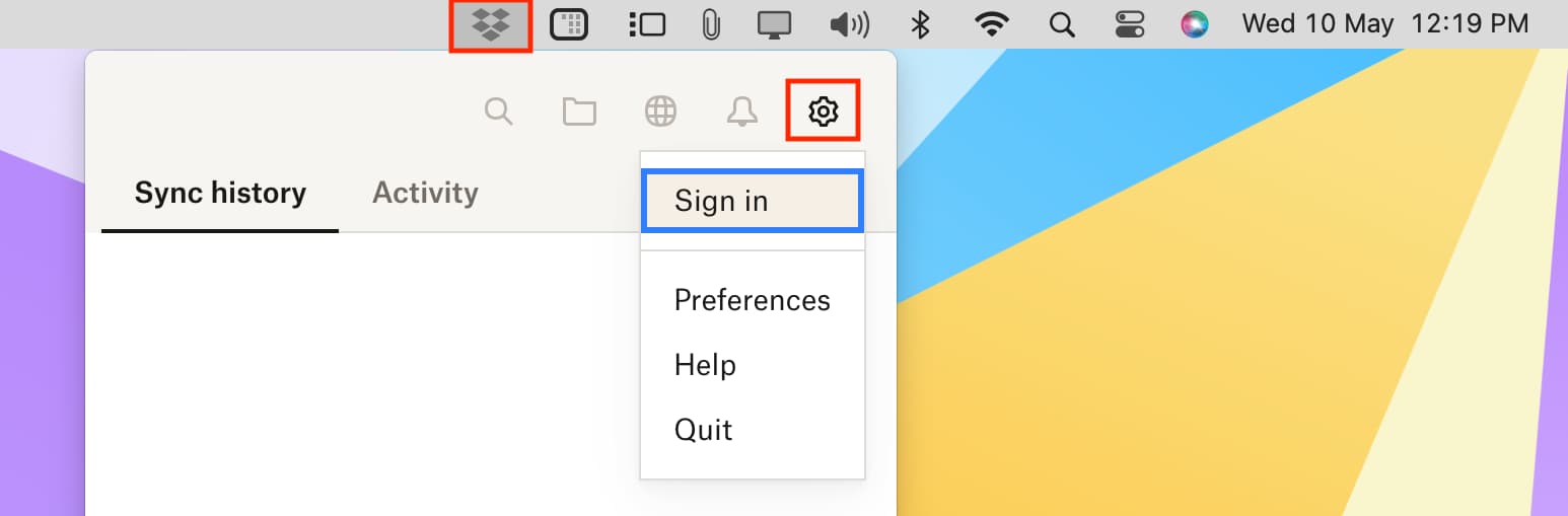 Sign in to Dropbox from Mac menu bar