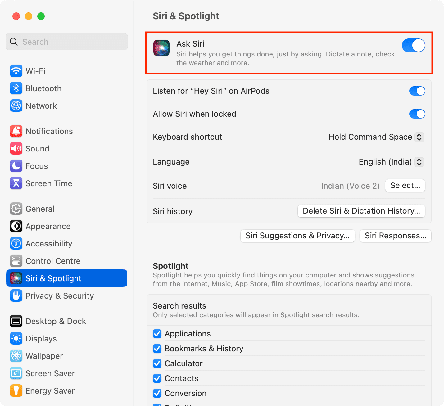 Siri enabled on Mac from System Settings